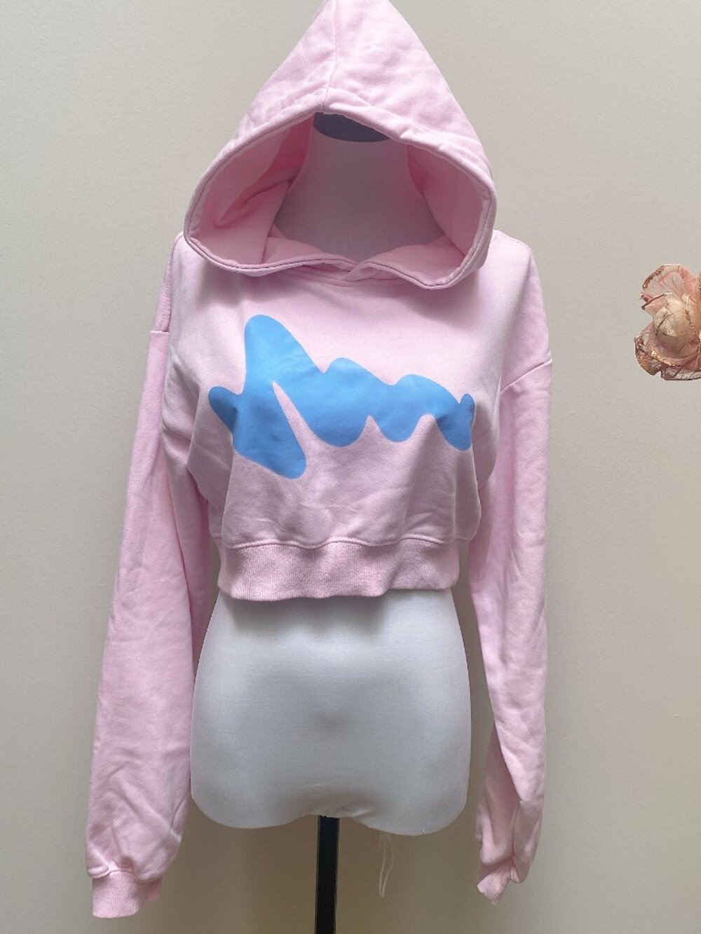 NWT Pink Cropped Graphic Y2K Pullover Hoodie Sweatshirt